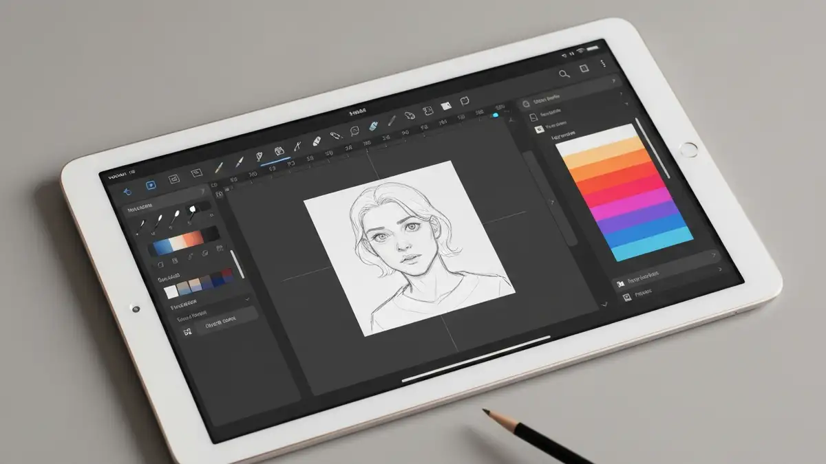 Interfejs aplikacji Procreate na iPadzie z pokazanymi narzędziami, paletą kolorów i dokumentem szkicowania