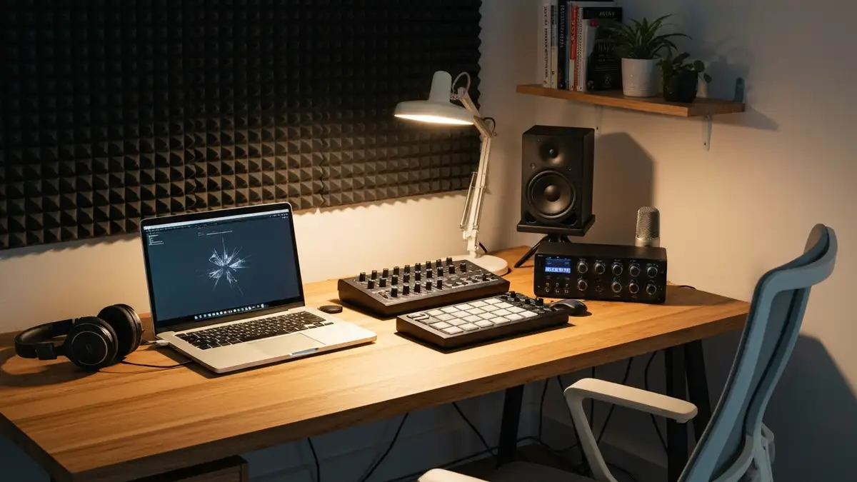 Domowa pracownia muzyczna z komputerem, słuchawkami i kontrolerem MIDI