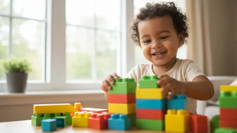 Małe dziecko w wieku toddler bawią się klockami i odkrywa nowe umiejętności rozwojowe