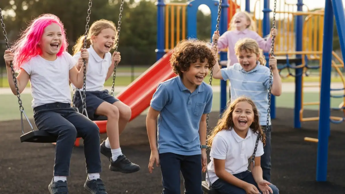 Dzieci w wieku szkolnym 7-10 lat bawią się na podwórku szkoły, śmieje się i uśmiecha, pokazując rozwój emocjonalny i społeczny