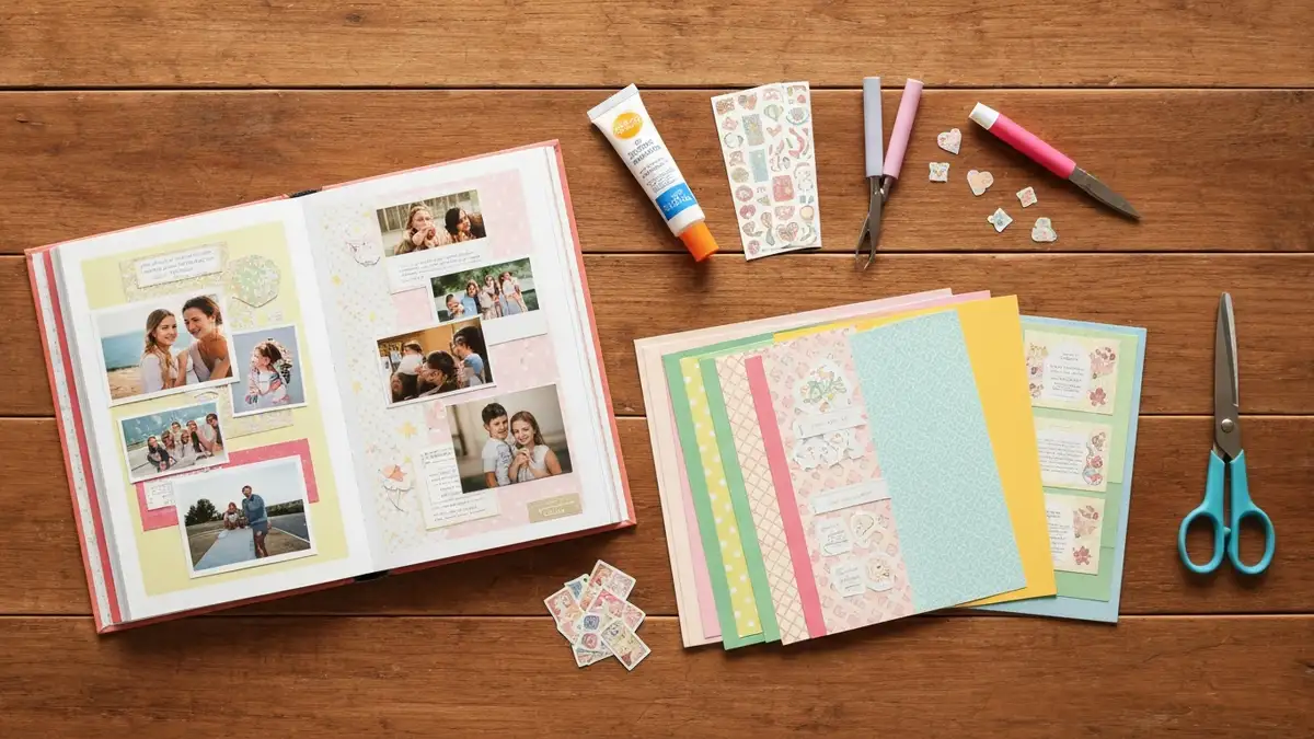 Pracownia scrapbookingowa z albumem, zdjęciami, nożyczkami i papierami dekoracyjnymi na drewnianym stole