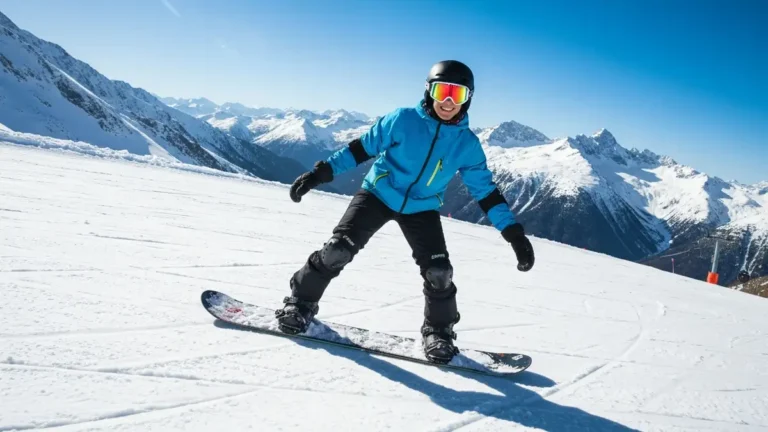 Początkujący snowboarder w pozycji na desce w parku śnieżnym, z kask i pełną ochroną, słoneczny dzień na stoku