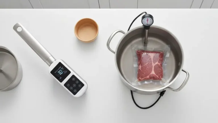 Zestaw sprzętu do gotowania sous vide w domu: termometr zanurzeniowy, garnek z wodą, worki próżniowane i mięso opakowane na białym blacie kuchennym