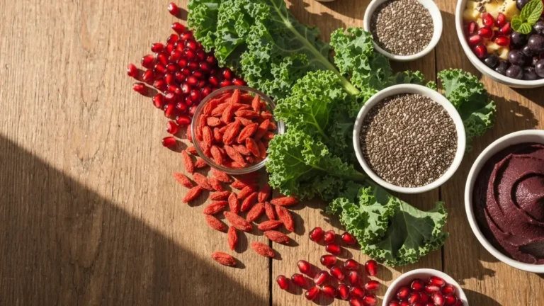 Asortyment superfoods - jagody, nasiona, liście i owoce na drewnianym stole