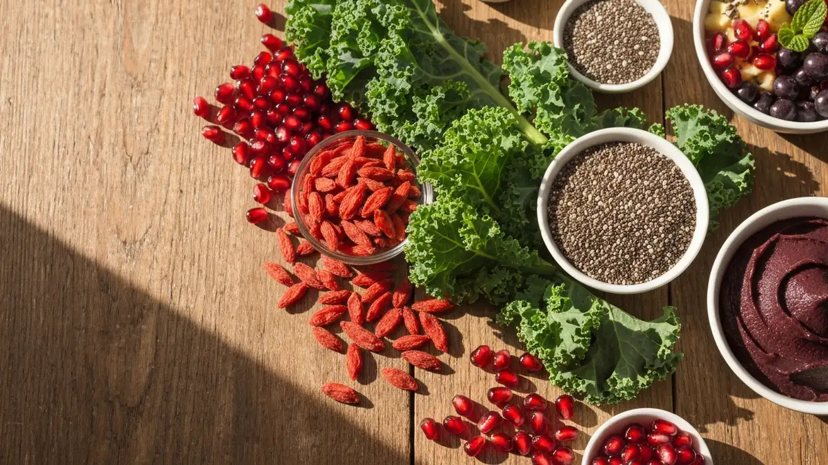 Asortyment superfoods - jagody, nasiona, liście i owoce na drewnianym stole