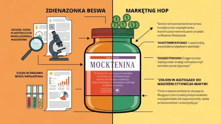 Tablica z ikonami suplementów, badaniami naukowymi i znakami zapytania symbolizujące marketing wobec dowodów naukowych