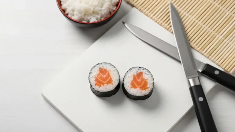 Dwie gotowe rolki sushi z losiem na białej tablicy, obok mata bambusowa, nóż i miska z ryżem do sushi