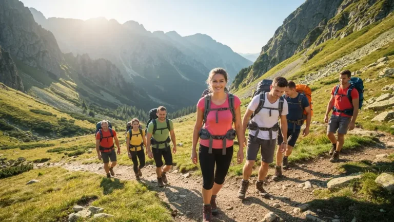 Początkujący trekkowicze na górskiej ścieżce ze sprzętem trekkingowym, pejzaż górski