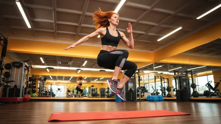 Kobieta wykonująca trening HIIT na macie, wysoki skok z podniesionymi kolanami, dynamiczny ruch