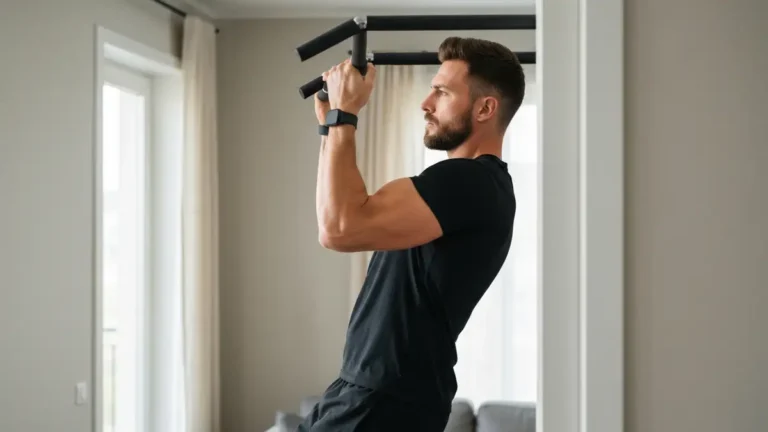 Mężczyzna wykonujący trening na biceps i triceps w domu, podciągając się na drążku w salonie
