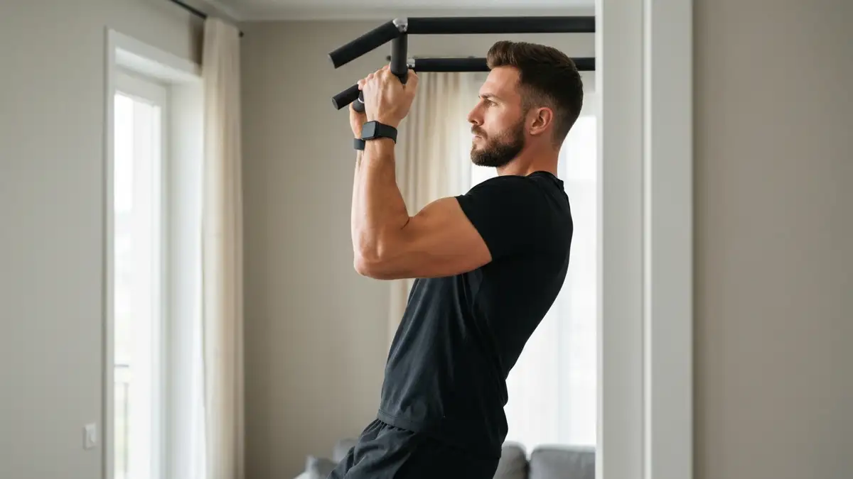Mężczyzna wykonujący trening na biceps i triceps w domu, podciągając się na drążku w salonie