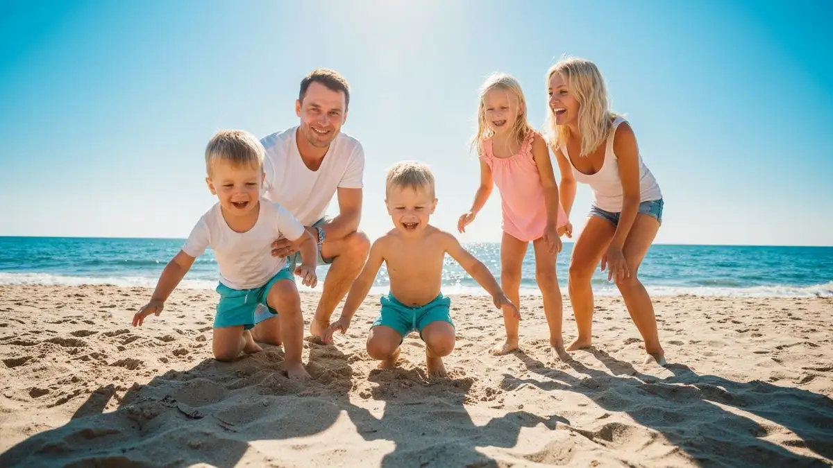 Szczęśliwa rodzina z dziećmi na plaży w Polsce, bawiąca się piaskiem i wodą morską w letnie słoneczne wakacje
