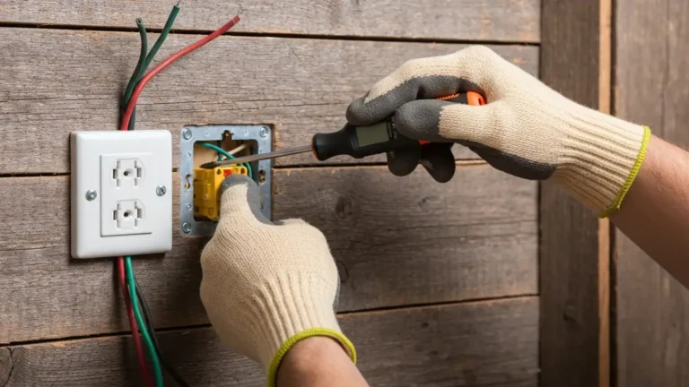 Pracownik w rękawiczkach wymienia gniazdko elektryczne przy pomocy wkrętaka i testera prądu