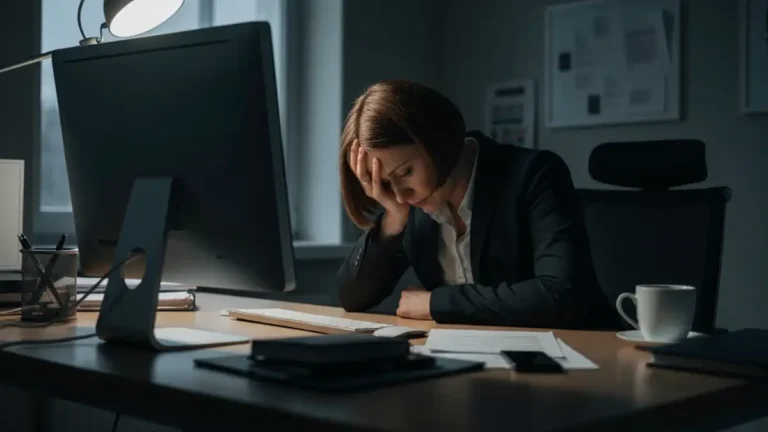 Zmęczona osoba siedząca przy biurku z laptopem, opieram głowę na rękach, widać znaki wypalenia zawodowego