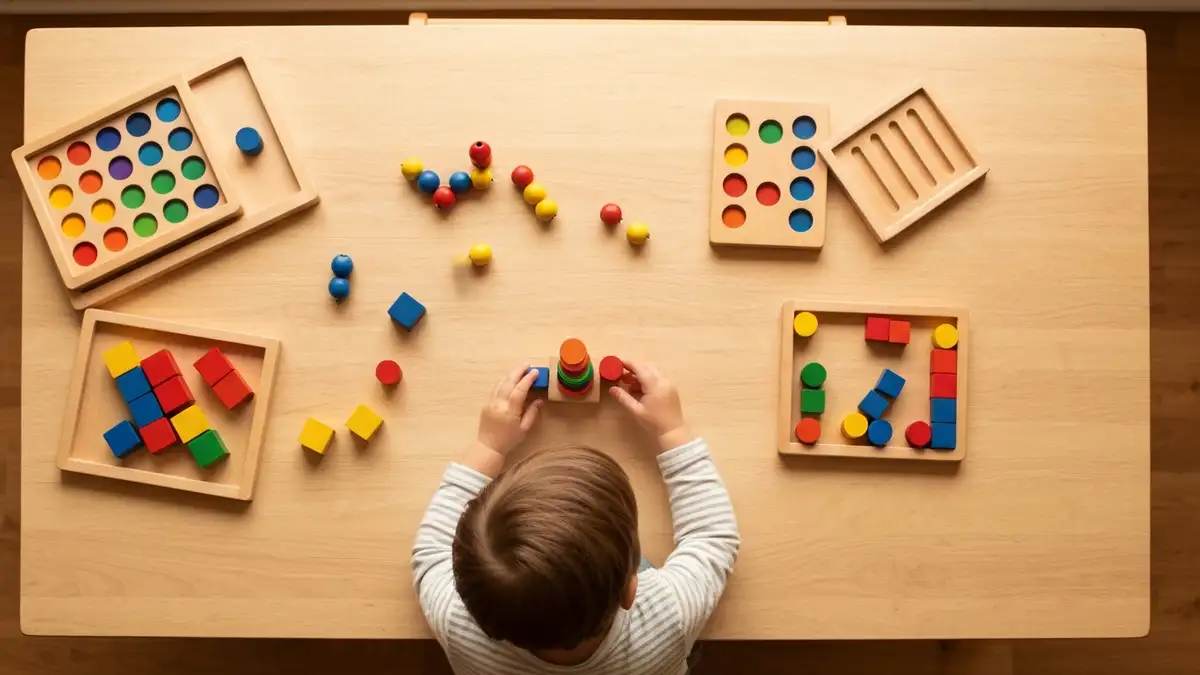 Dziecko bawiące się drewnianymi zabawkami Montessori na jasnym drewnianym stole