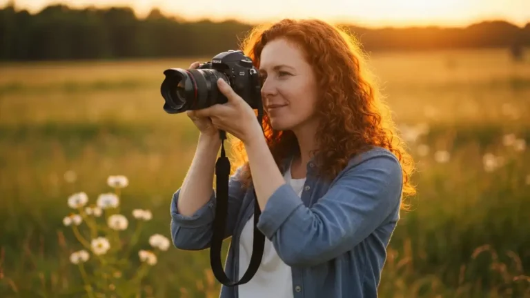 Fotograf z aparatem podczas golden hour przy zachodzie słońca, ciepłe światło oświetlające krajobraz